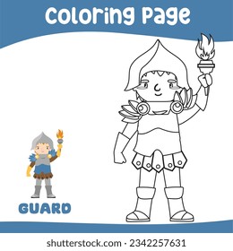 Coloring page a fairytale Medieval Kingdom black and white the kingdom’s guard in armour and holding a torch. Vector outline fantasy monarch kingdom. Medieval fairytale a kingdom’s guard cartoon 