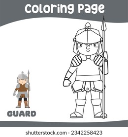 Coloring page a fairytale Medieval Kingdom black and white the cute kingdom guard in armour and holding a spear. Vector outline fantasy monarch kingdom. Medieval fairytale a knight cartoon character. 