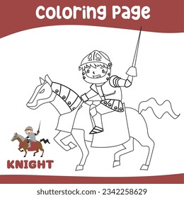 Coloring page a fairytale Medieval Kingdom black and white the cute knight riding horse in armour and holding a sword. Vector outline fantasy monarch kingdom. Medieval fairytale a knight cartoon 