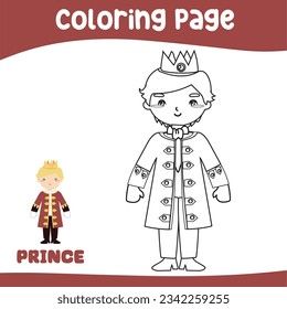 Coloring page a fairytale Medieval Kingdom black and white the cute prince in coronation suit. Vector outline fantasy monarch kingdom a prince. Medieval fairytale prince character. 