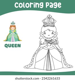 Coloring page a fairytale Medieval Kingdom black and white the queen in green dress with holding a hand fan. Vector outline fantasy monarch kingdom a queen in crown and mantle. 