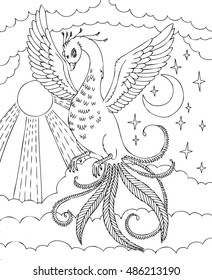 coloring page. Fantasy bird flies in the sky. 