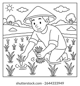 coloring page of farmer planting rice in the rice field with traditional hat.illustration for printing coloring book on farming theme