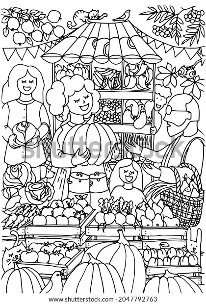 Coloring Page Farmers Market Farmer Selling Stock Vector (Royalty Free ...