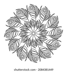 Coloring page Feathers Mandala. Hand drawn vector coloring book for adults