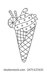 Coloring Page Features Beautifully Decorated Ice Cream In A Cup, An Adult Anti-Stress Coloring Activity
