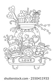 Coloring Page Features A Car With Sweets For Valentine'S Day, Providing Stress Relief For Adults