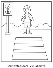 The coloring page features a child standing at a crosswalk, waiting to cross the road. Kids waiting at sidewalk to cross the road coloring page 