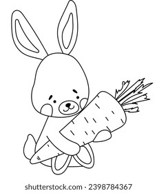 Coloring Page Features A Cute Bunny Holding A Carrot, Perfect For Children'S Creativity, And Comes As A Vector Illustration In A Coloring Book