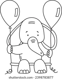 Coloring Page Features A Cute Drawn Elephant Swinging With Balloons, Perfect For Children'S Creativity, And Comes As A Vector Illustration In A Coloring Book