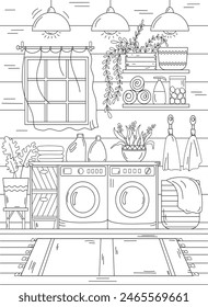 Coloring Page Features Home Laundry Room With Washing And Drying Machine For Adults And Children To Enjoy