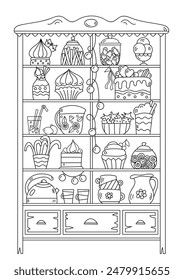 Coloring Page Features A Sideboard Filled With Various Sweets, Providing Stress Relief For Both Adults And Children