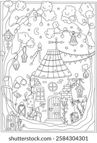 Coloring Page Features A Small House In A Nighttime Forest