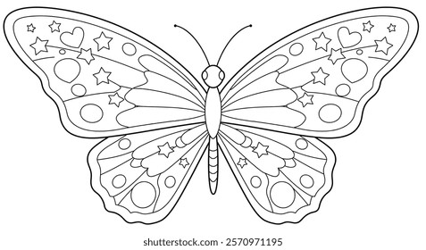 The coloring page features a symmetrical butterfly with large wings. Each wing should be divided into sections containing simple shapes.