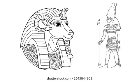 Página de colorir com Amun-Ra o Rei dos Deuses muitas vezes retratada com uma cabeça de carneiro e um disco de sol