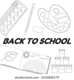 Coloring page featuring art supplies like palettes, paint jars, pencils, and an open art book. Ideal for kids school activities.