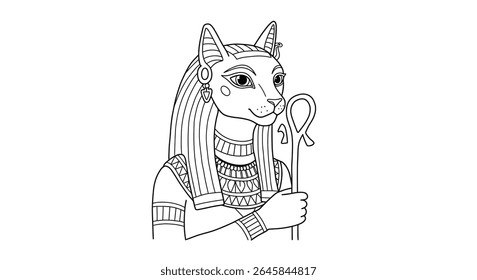 Coloring Page Featuring Bastet the Cat Goddess. Detail Her Cat Head and the Sistrum She Often Holds.