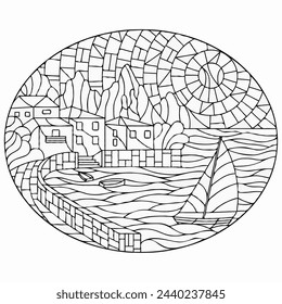 A coloring page featuring a boat and a house, perfect for unleashing creativity and adding vibrant colors.
