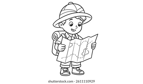 Coloring Page Featuring a Boy Explorer Looking at a Simple, Folded Map