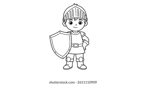 Coloring Page Featuring a Boy Knight Holding a Simple, Outlined Shield