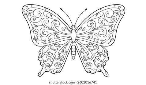 Coloring Page Featuring a Butterfly With Swirling Patterns on Its Wings