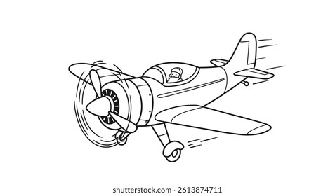 Coloring Page Featuring a Chibi Airplane With a Large, Cartoonish Propeller Shown With Simple Spinning Lines.