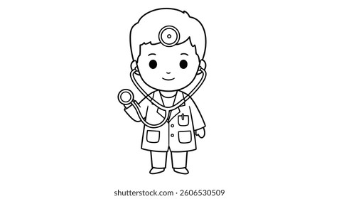 Coloring Page Featuring a Chibi Doctor Wearing a Lab Coat and Holding a Stethoscope