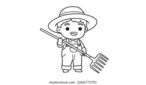 Coloring Page Featuring a Chibi Farmer Wearing Overalls and Holding a Pitchfork 