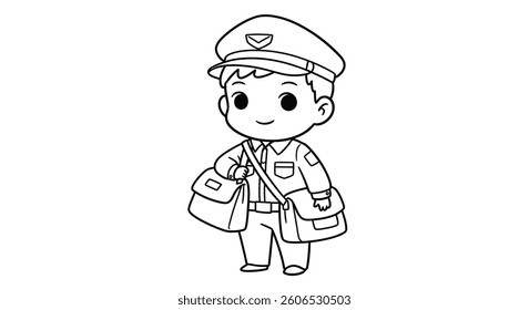 Coloring Page Featuring a Chibi Mail Carrier With a Full Mailbag Slung Over Their Shoulder