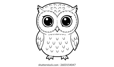 Coloring Page Featuring a Chibi Owl With Large, Round, and Friendly Eyes 
