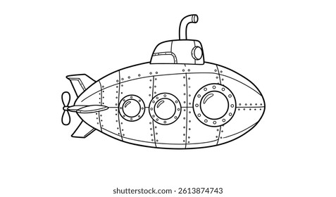 Coloring Page Featuring a Chibi Submarine With a Large, Round Window (Porthole) on Its Side