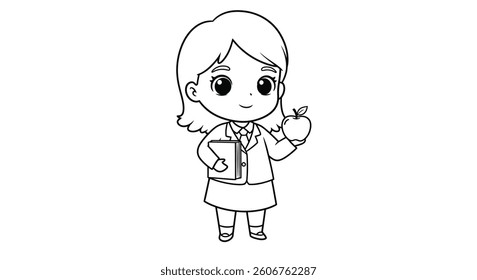 Coloring Page Featuring a Chibi Teacher Holding a Book and an Apple