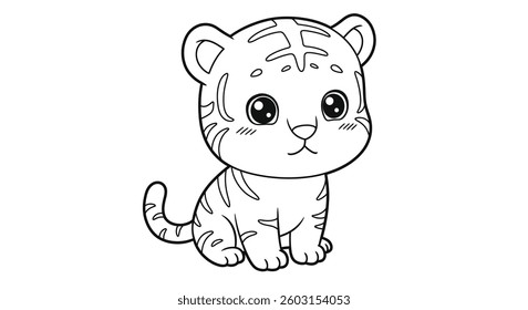 Coloring Page Featuring a Chibi Tiger Cub With Round, Chubby Cheeks and Simplified Stripes.