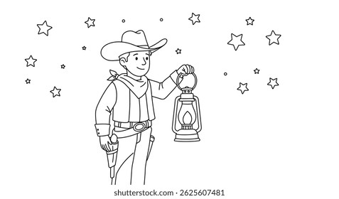 Coloring Page Featuring a Cowboy Holding a Simple Outlined Lantern, With a Few Basic Outlined Stars in the Background Suggesting Night
