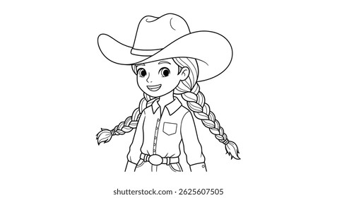 Coloring Page Featuring a Cowgirl With Long Braided Hair Flowing From Under Her Cowboy Hat, Wearing a Simple Shirt and Jeans