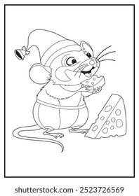 Dibujo para colorear con una linda rata comiendo queso y usando un sombrero de Navidad. Perfecto para libros de actividades y materiales educativos para niños.