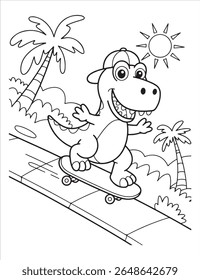 a coloring page featuring a dinosaur on a skateboard, with palm trees and the sun in the background. it is a fun and cute cartoon illustration
