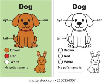 a coloring page featuring a dog and a rabbit, with color options and labeled body parts like eye, ear, and tail, set against a green background for kids