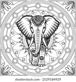 Dibujo para colorear con un elegante elefante mandala