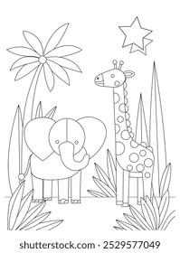 Eine Malseite mit einem Elefanten und einer Giraffe, die für kreative Malaktivitäten entwickelt wurde