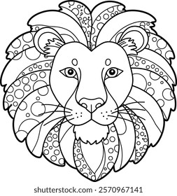 A coloring page featuring a lion’s face with a mane composed of large, rounded sections