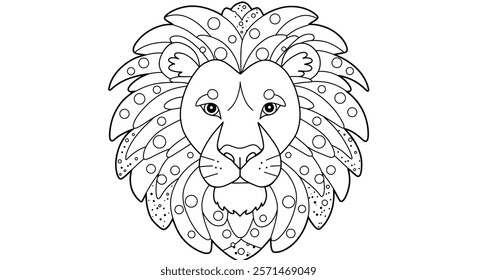 A coloring page featuring a lion’s face with a mane composed of large, rounded sections.