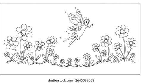 Coloring Page Featuring a Fairy Flying Playfully Through a Field of Simple Outlined Flowers.