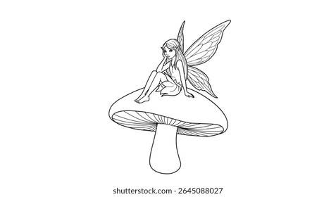Coloring Page Featuring a Fairy Sitting on a Simple Mushroom-Shaped Flower. 