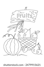 Coloring Page Featuring Fruits In A Basket - Watermelon, Apples, And Pears, Is A Stress-Reliever For Adults And Children