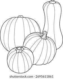 A coloring page featuring a group of pumpkins of various shapes and sizes.