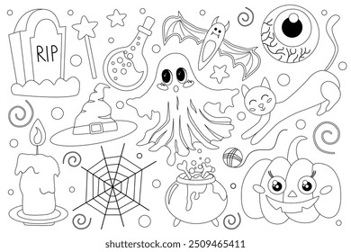 Una página para colorear con Elementos de Halloween como calabazas, fantasmas y objetos mágicos. Ideal para actividades infantiles, proyectos de bricolaje y decoración de temporada, que ofrece un alto atractivo comercial para el tema de Halloween