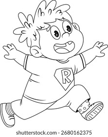 Uma página colorida com um menino feliz correndo com os braços estendidos.