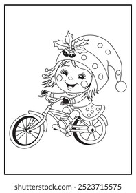 coloring page featuring a joyful girl riding a bicycle. Perfect for holiday-themed children's activity books and educational materials.