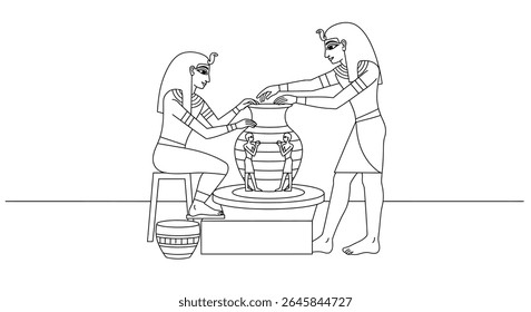 Página de colorir com Khnum, o Deus Potter criando humanos em sua roda de cerâmicas